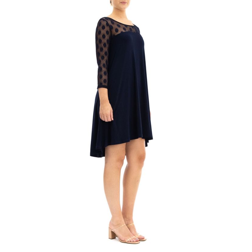 3/4 Sleeve Trapeze Dress With Dot Illusion Yoke