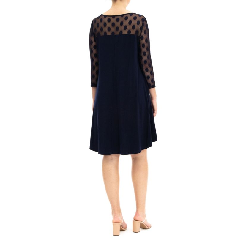 3/4 Sleeve Trapeze Dress With Dot Illusion Yoke