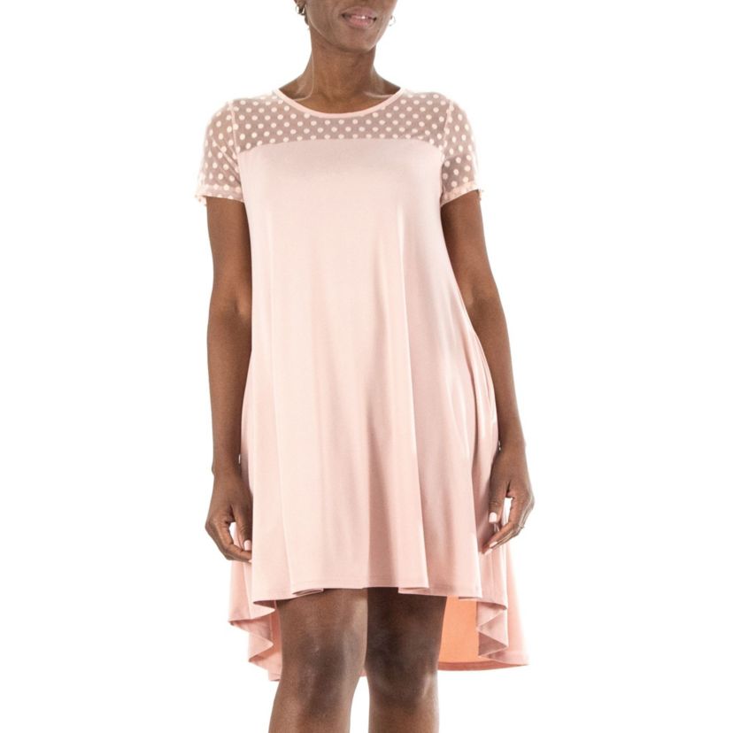 Short Sleeve Trapeze Dress With Dot Illusion Yoke
