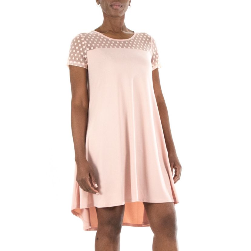 Short Sleeve Trapeze Dress With Dot Illusion Yoke