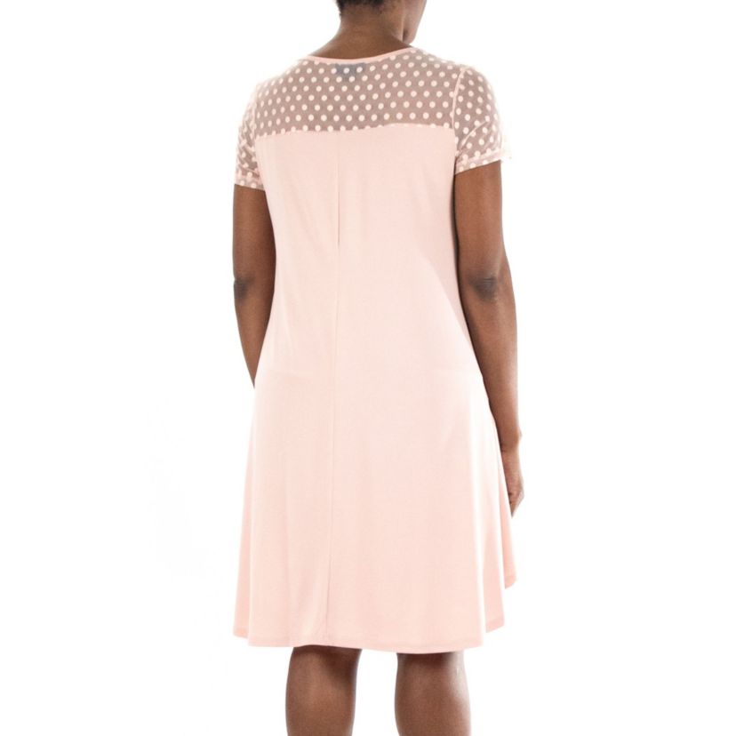 Short Sleeve Trapeze Dress With Dot Illusion Yoke
