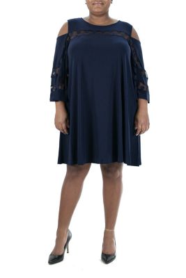 Nina Leonard Women's Illusion Cold Shoulder Dress, Navy Blue, 3X