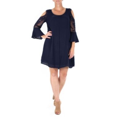 Nina Leonard Women's Crochet Cold Shoulder Gauze Float Dress, Navy Blue, Large