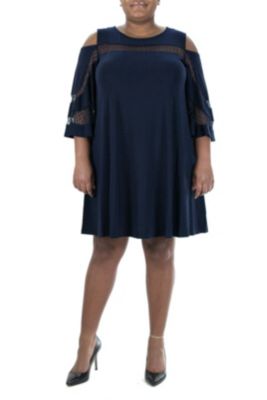 Nina Leonard Women's ITY Cold Shoulder Dress With Small Dot Mesh Yoke, Navy Blue, 2X