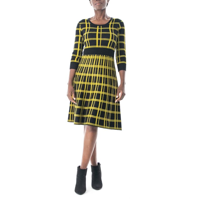 Plaid Knit Sweater Dress With Contrast Solid Band