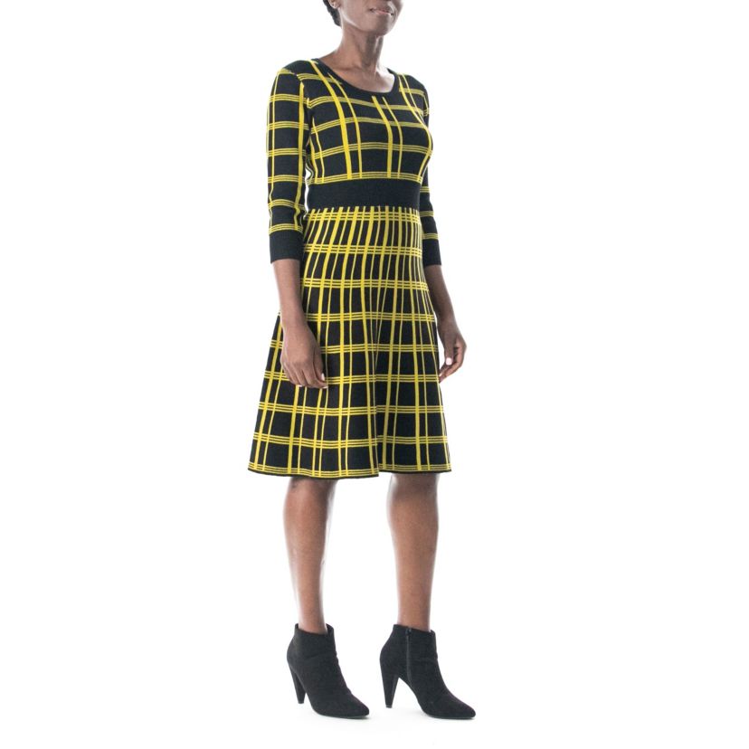 Plaid Knit Sweater Dress With Contrast Solid Band