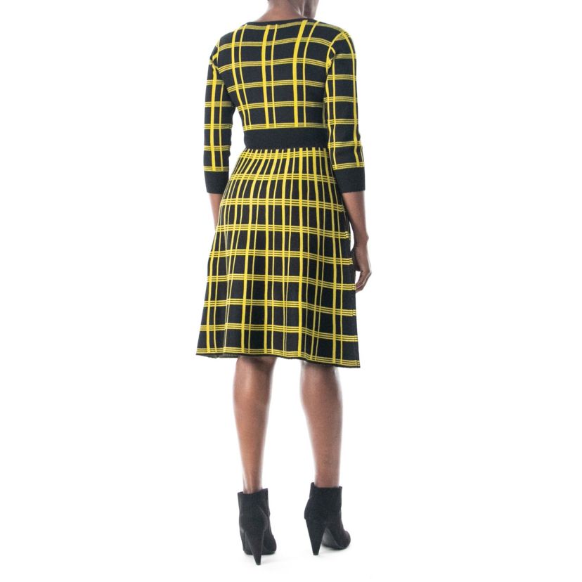 Plaid Knit Sweater Dress With Contrast Solid Band