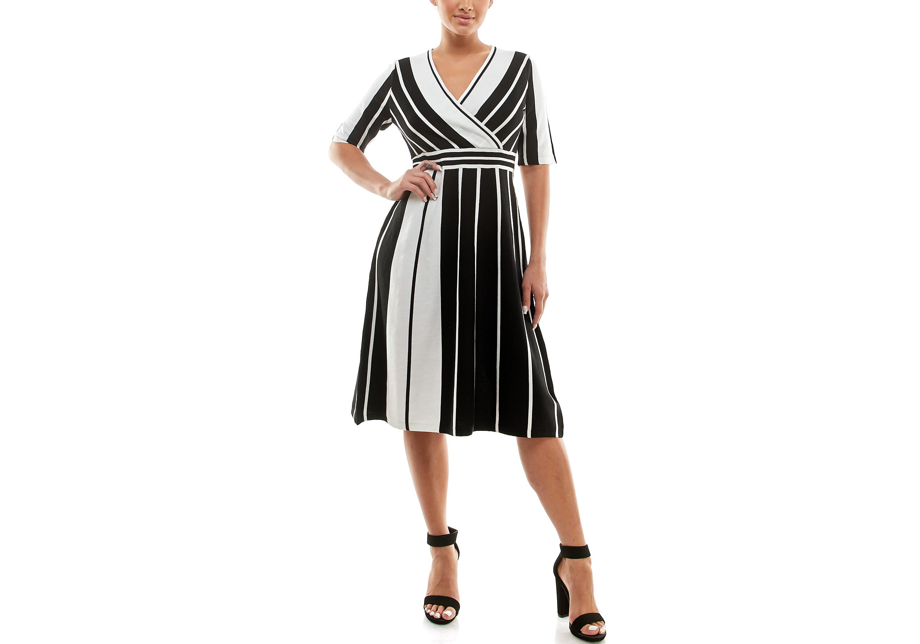Surplice Striped Fit And Flare Sweater Dress