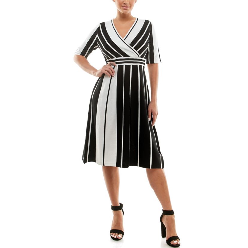 Surplice Striped Fit And Flare Sweater Dress