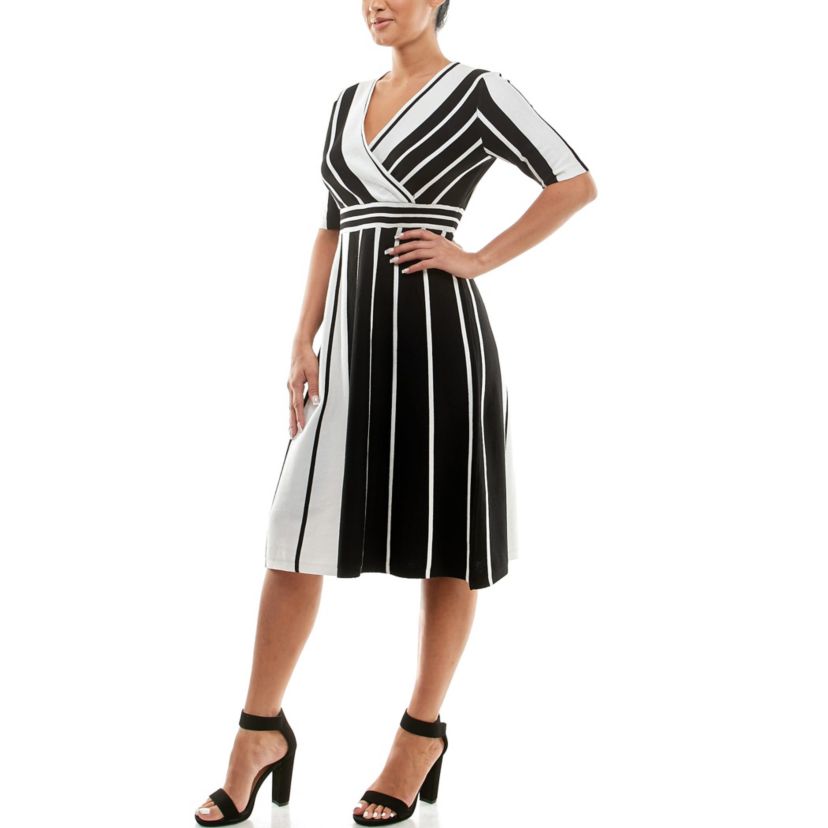 Surplice Striped Fit And Flare Sweater Dress