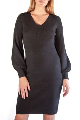 Nina Leonard Women's Balloon Sleeve Ribbed Knit Sweater Dress, Black, XL