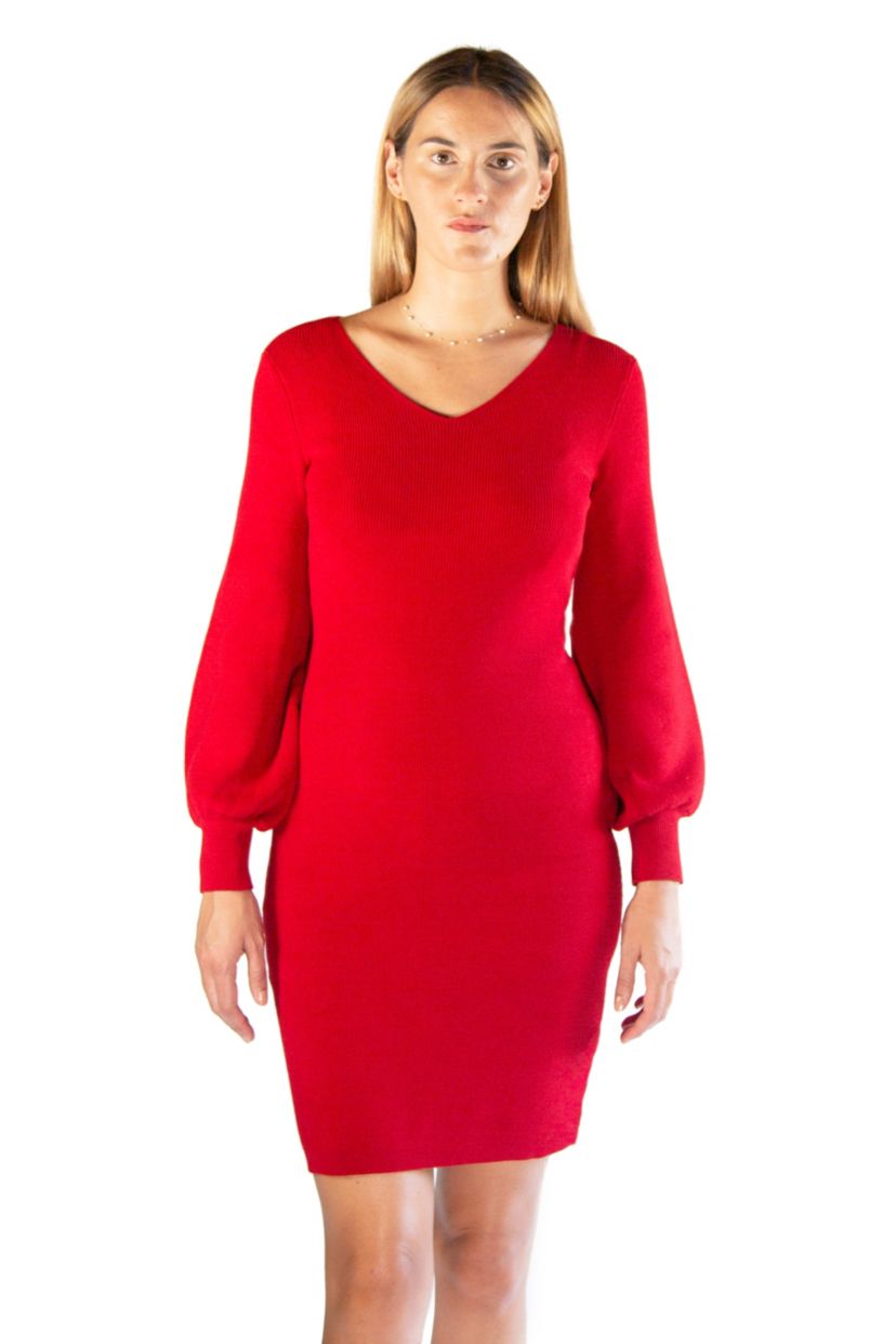 Balloon Sleeve Ribbed Knit Sweater Dress