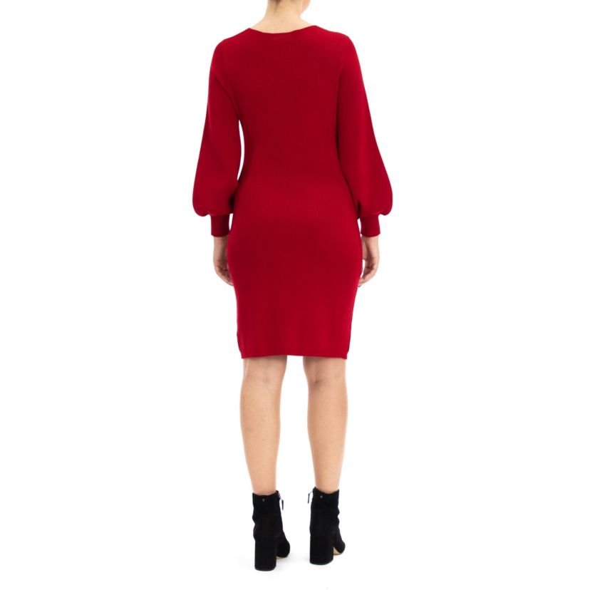 Balloon Sleeve Ribbed Knit Sweater Dress
