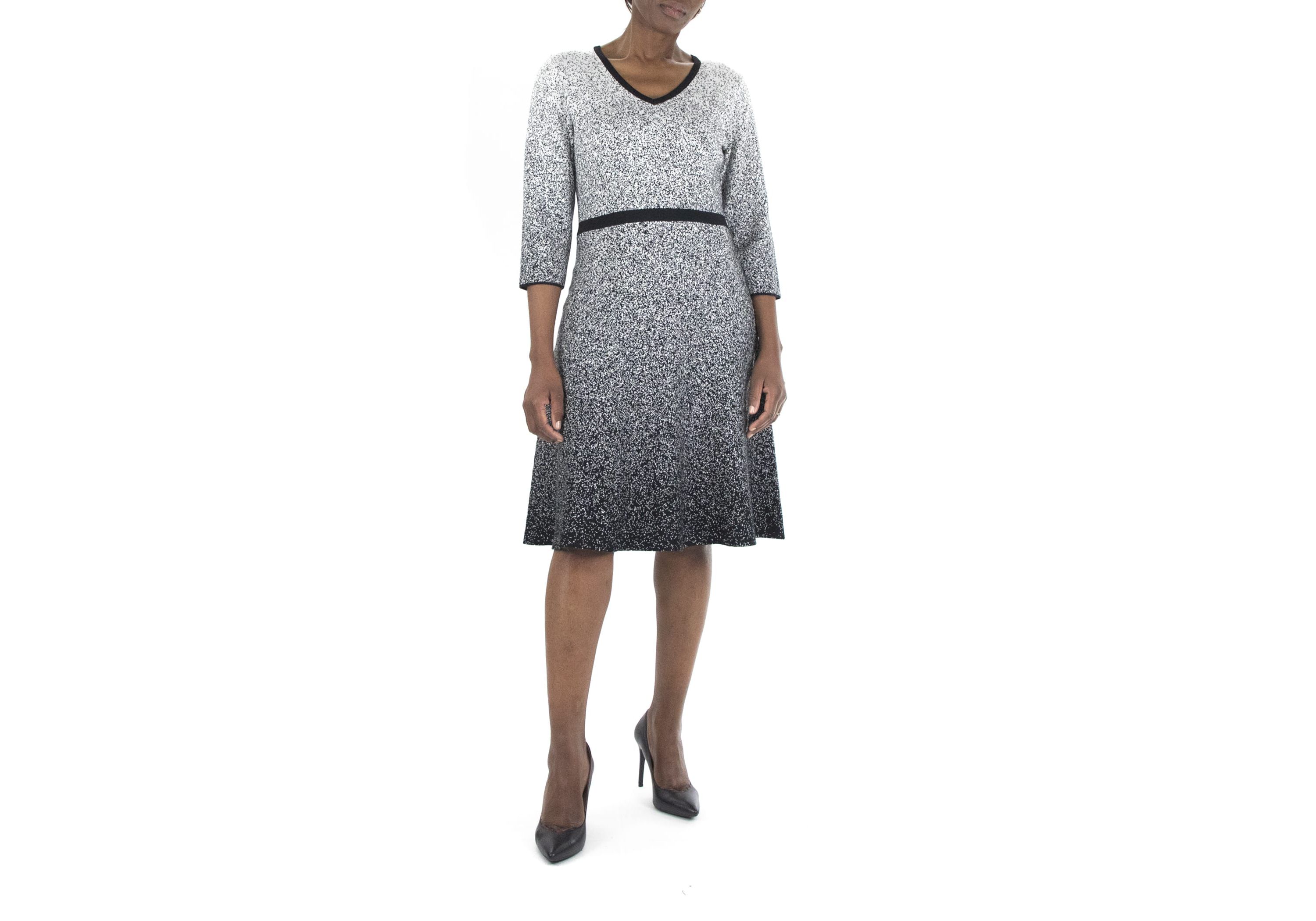 3/4 Sleeve V-Neck Fit And Flare Ombre Dress