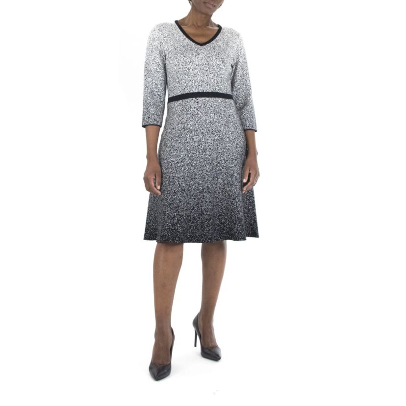 3/4 Sleeve V-Neck Fit And Flare Ombre Dress