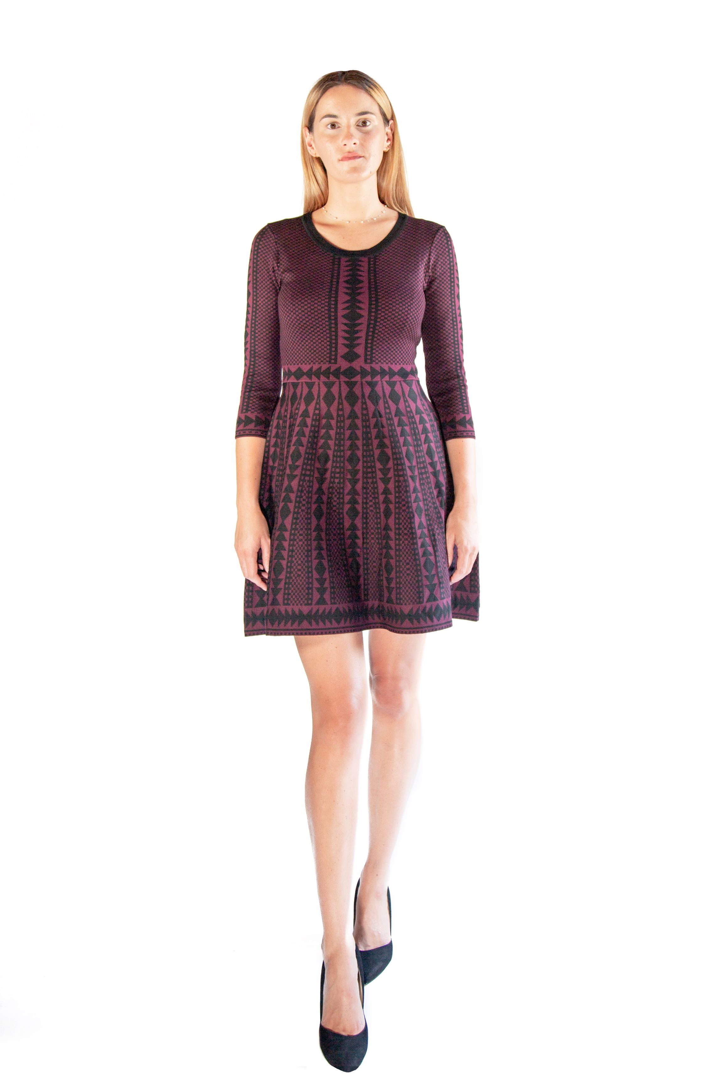 3/4 Scoop Neck Geo Sweater Dress