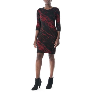 Nina Leonard Women's 3/4 Jewel Neck Sweater Sheath Jacquard Dress