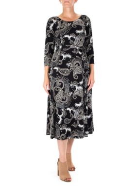 Nina Leonard Women's 3/4 Sleeve Printed Midi Sylvia Dress, Black