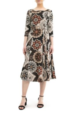Nina Leonard Women's 3/4 Sleeve Printed Midi Sylvia Dress, Brown, XL