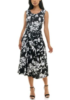 Nina Leonard Printed Sylvia Midi Dress With Self Sash | Belk