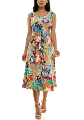 Nina Leonard Women's Printed Sylvia Midi Dress With Self Sash, Large