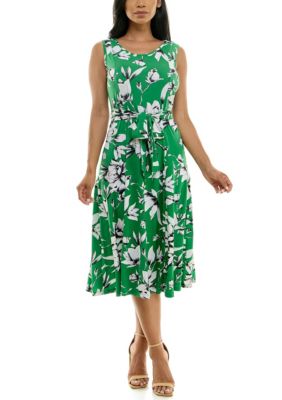 Nina Leonard Women's Printed Sylvia Midi Dress With Self Sash, XL