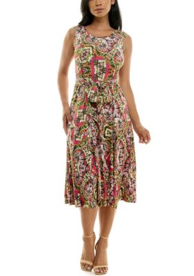 Nina Leonard Women's Printed Sylvia Midi Dress With Self Sash, Medium