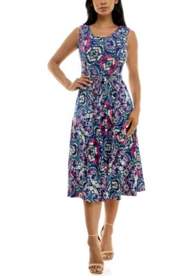 Nina Leonard Women's Printed Sylvia Midi Dress With Self Sash, Pink, XL