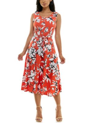 Nina Leonard Women's Printed Sylvia Midi Dress With Self Sash, XL