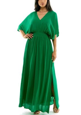 Nina Leonard Women's V-Neck Gauze Maxi With Slits Solid, Green, Small