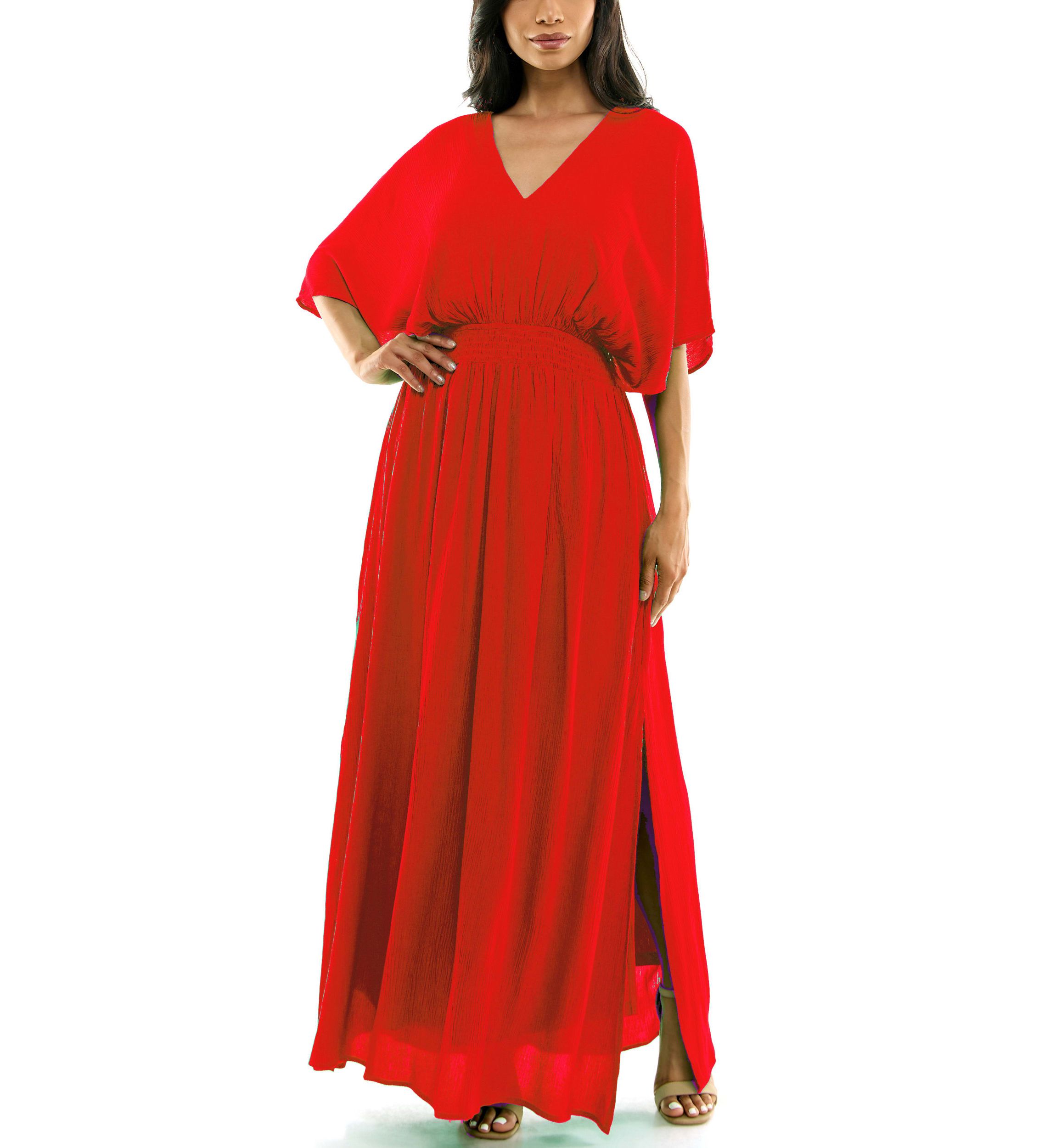 V-Neck Gauze Maxi With Slits Solid