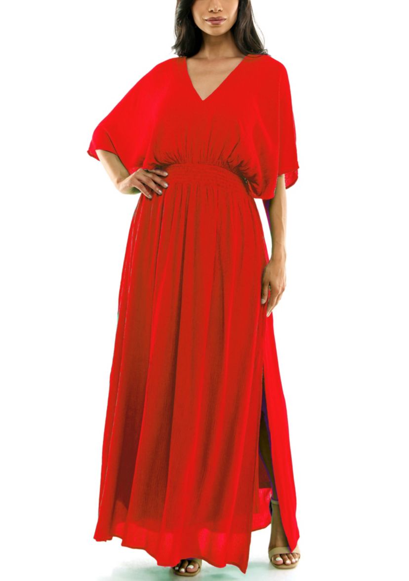 V-Neck Gauze Maxi With Slits Solid