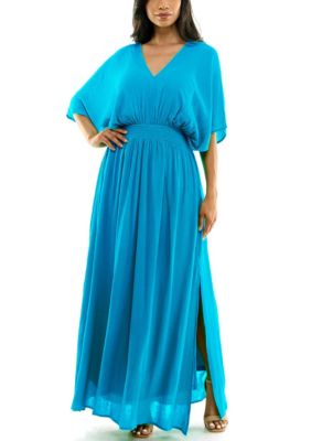 Nina Leonard Women's V-Neck Gauze Maxi With Slits Solid, Blue, Medium