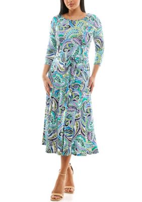 Nina Leonard Women's 3/4 Sylvia Midi Dress With Belt, Green, XL