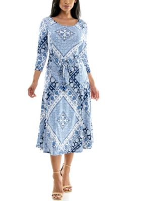 Nina Leonard Women's 3/4 Sylvia Midi Dress With Belt, Navy Blue, Small
