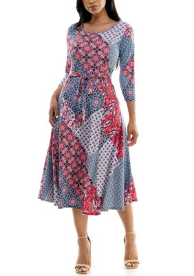 Nina Leonard Women's 3/4 Sylvia Midi Dress With Belt, XL