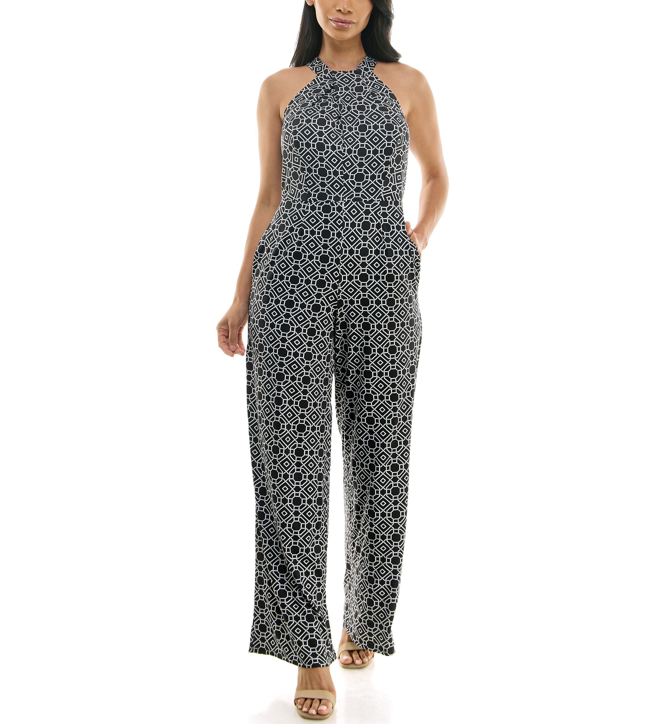 Printed High Neck Twist Neck Jumpsuit