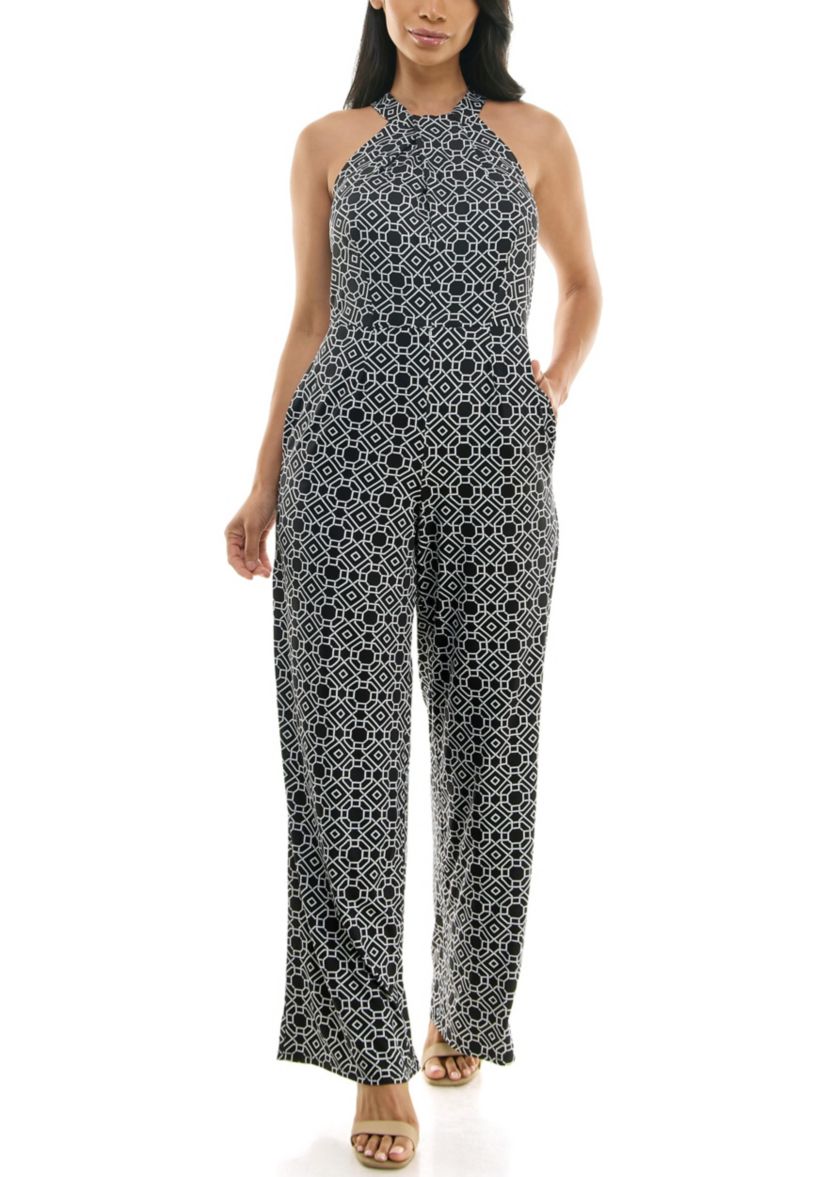 Printed High Neck Twist Neck Jumpsuit