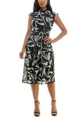 Nina Leonard Women's Smocked Neck Flutter Sleeve Print Dress