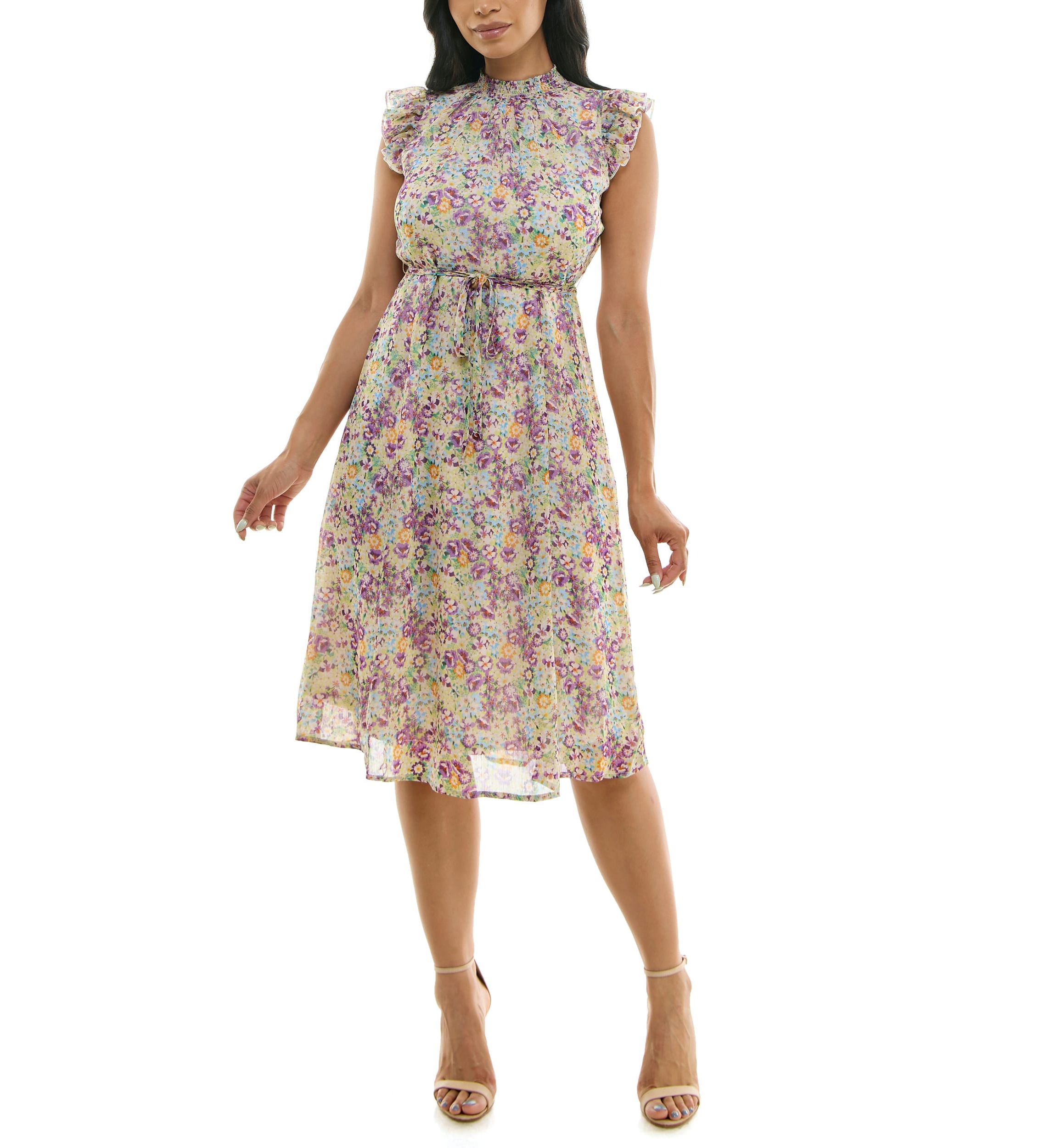 Smocked Neck Flutter Sleeve Print Dress