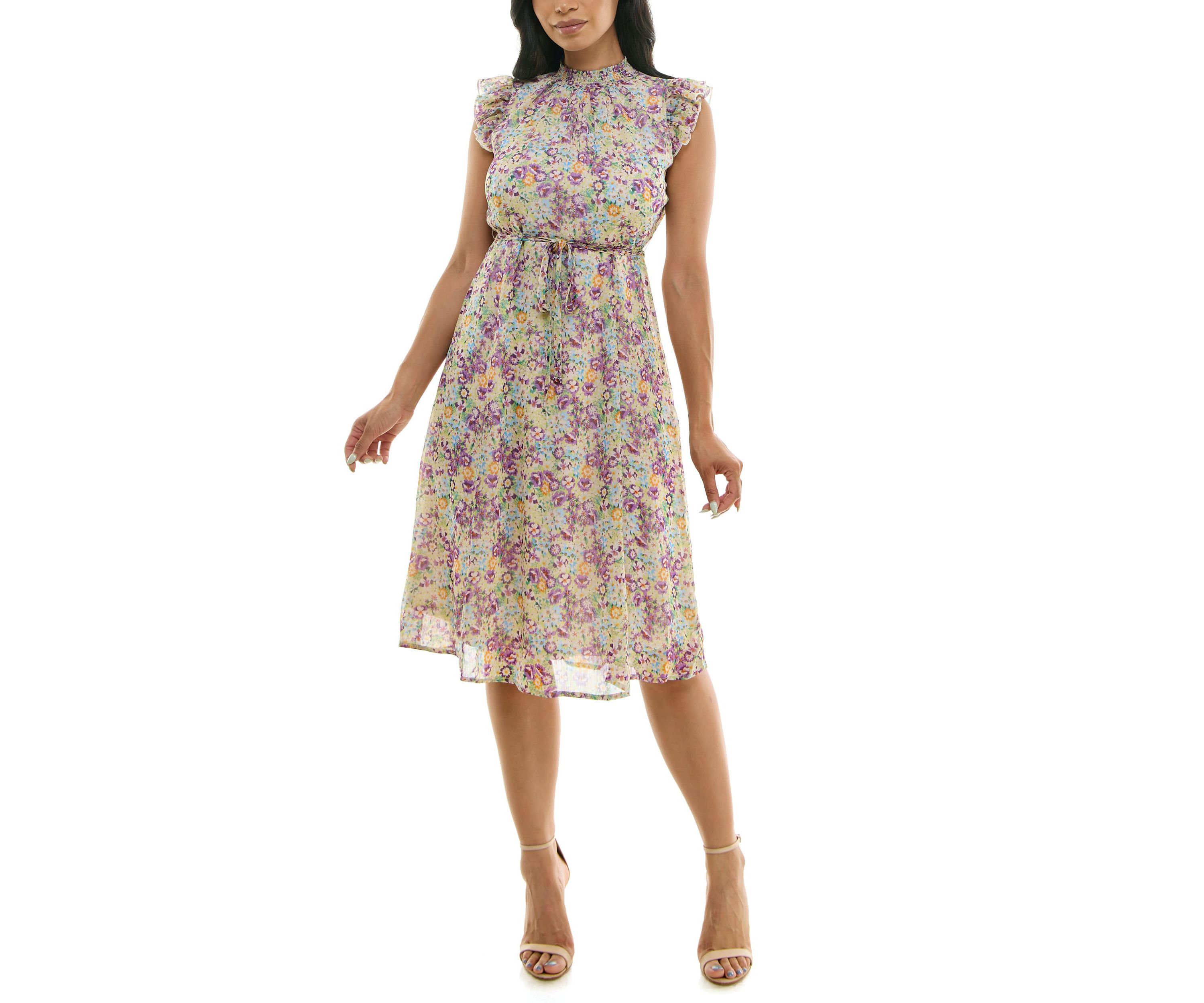 Smocked Neck Flutter Sleeve Print Dress