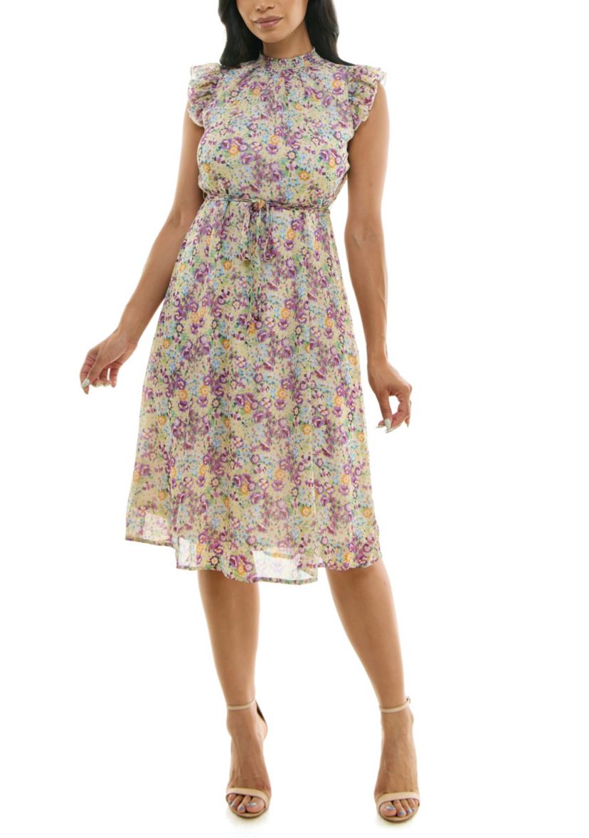 Smocked Neck Flutter Sleeve Print Dress