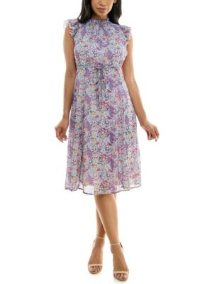 Nina Leonard Women's Smocked Neck Flutter Sleeve Dress