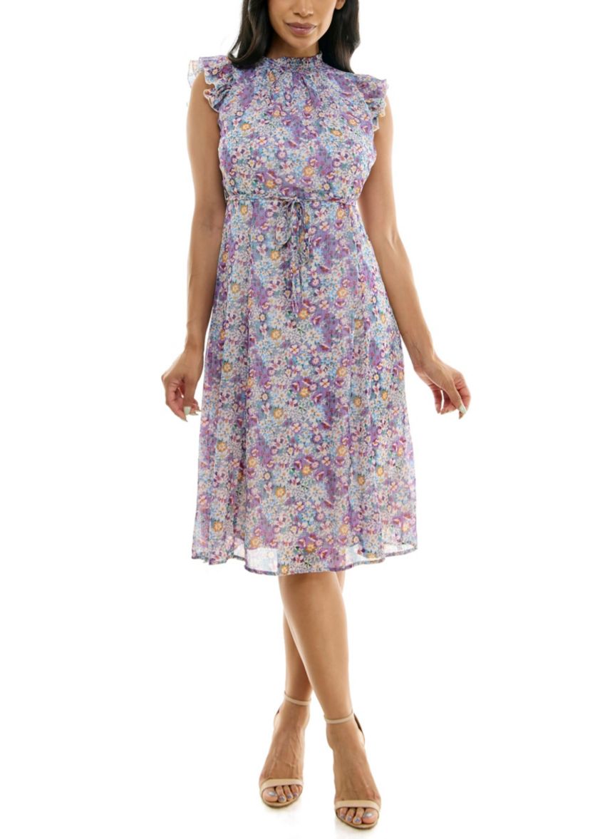 Smocked neck flutter midi dress