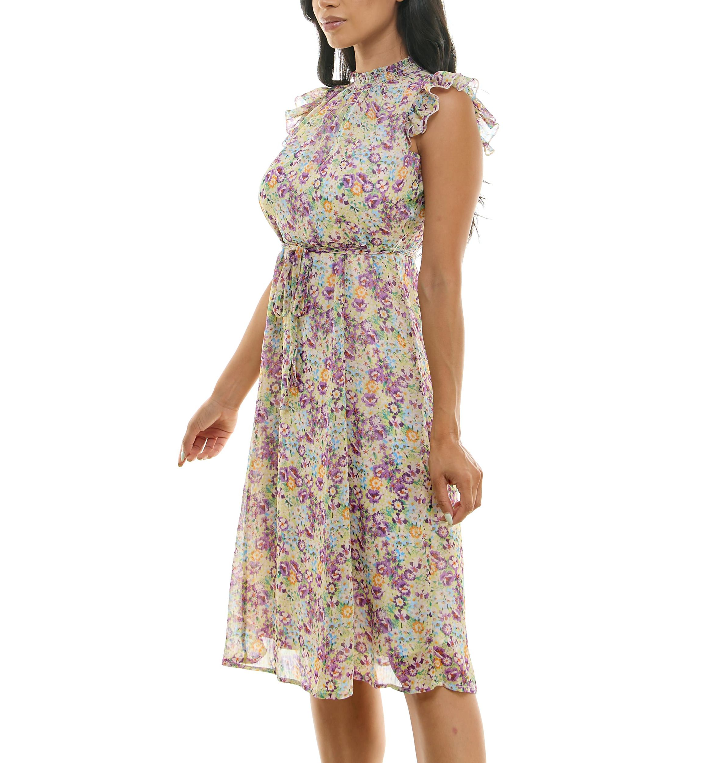 Smocked Neck Flutter Sleeve Print Dress