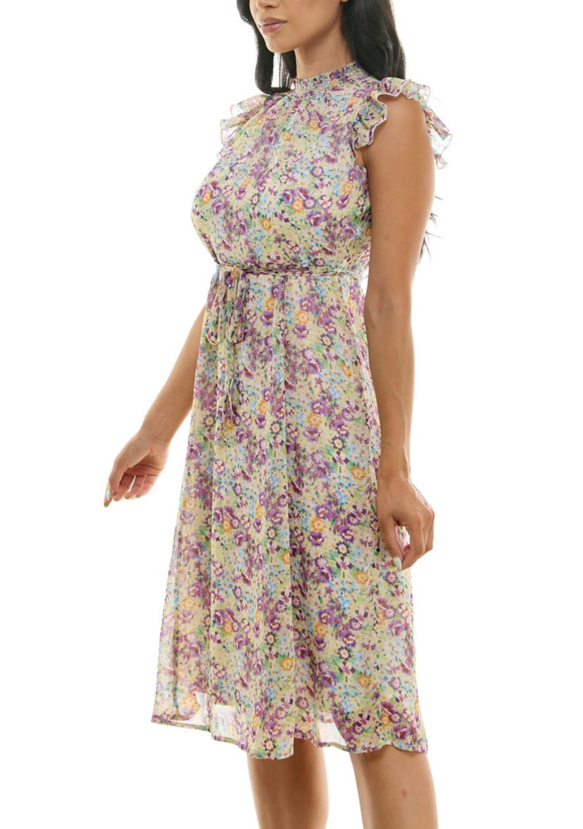 Smocked Neck Flutter Sleeve Print Dress