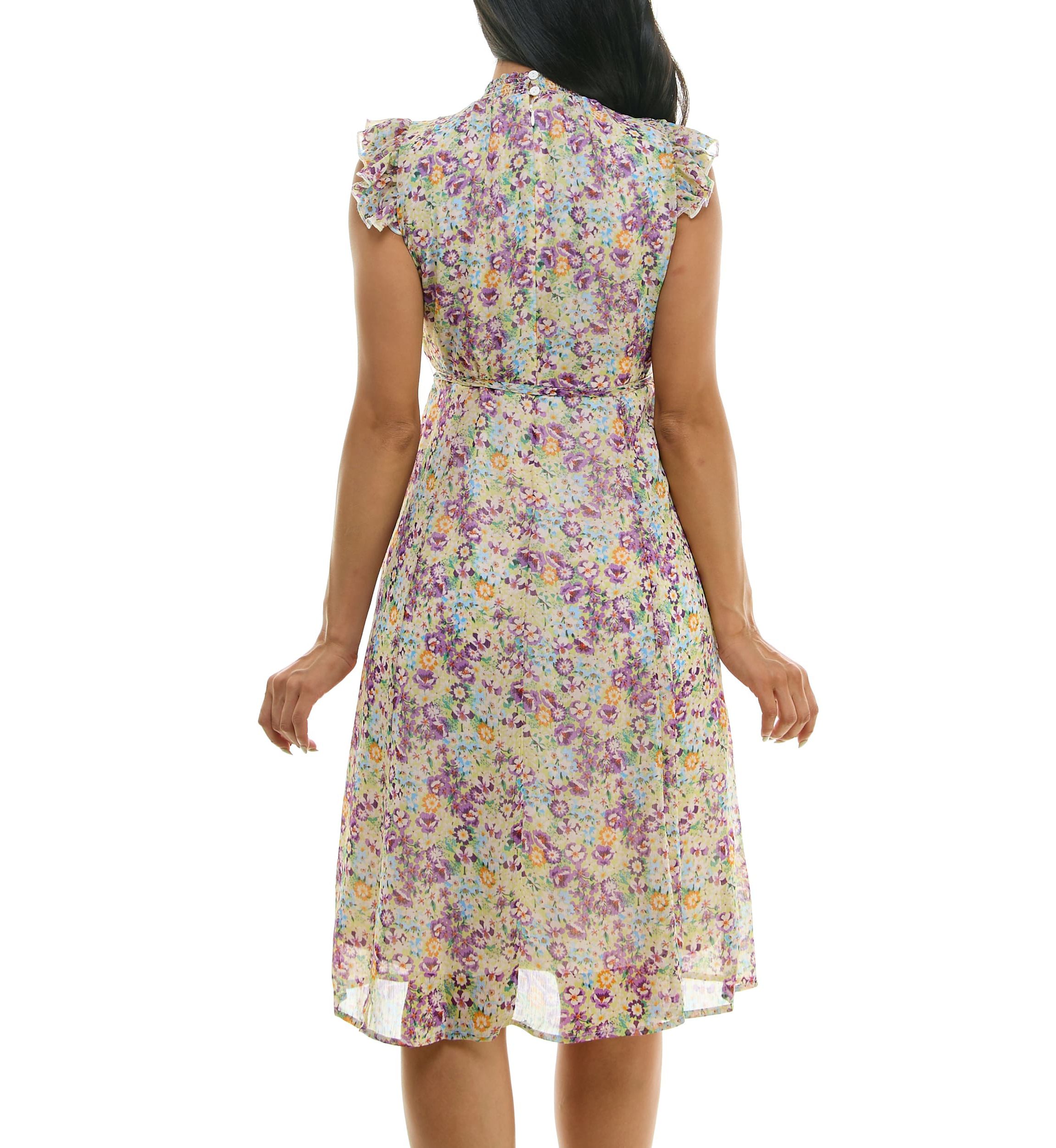 Smocked Neck Flutter Sleeve Print Dress