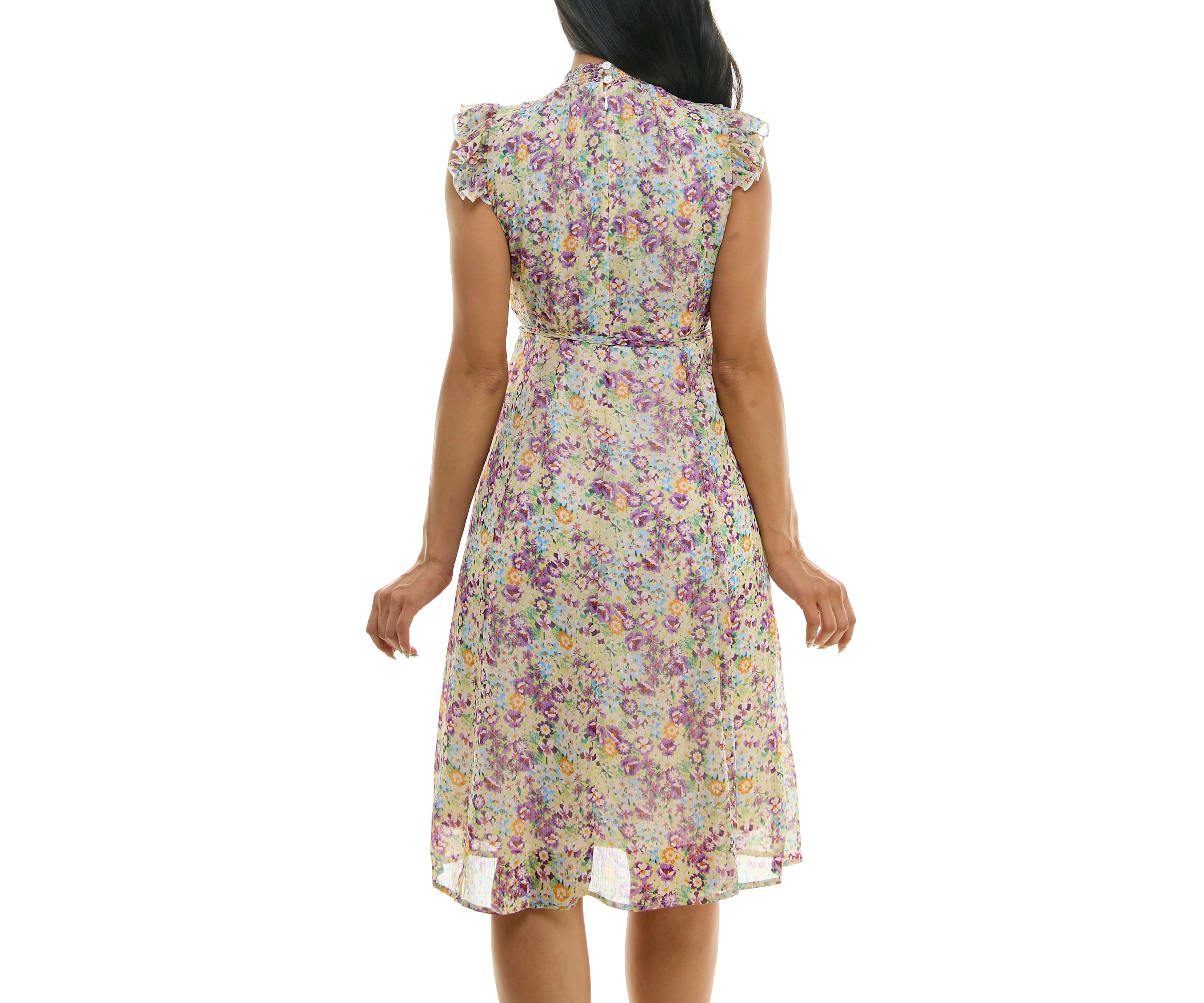 Smocked Neck Flutter Sleeve Print Dress