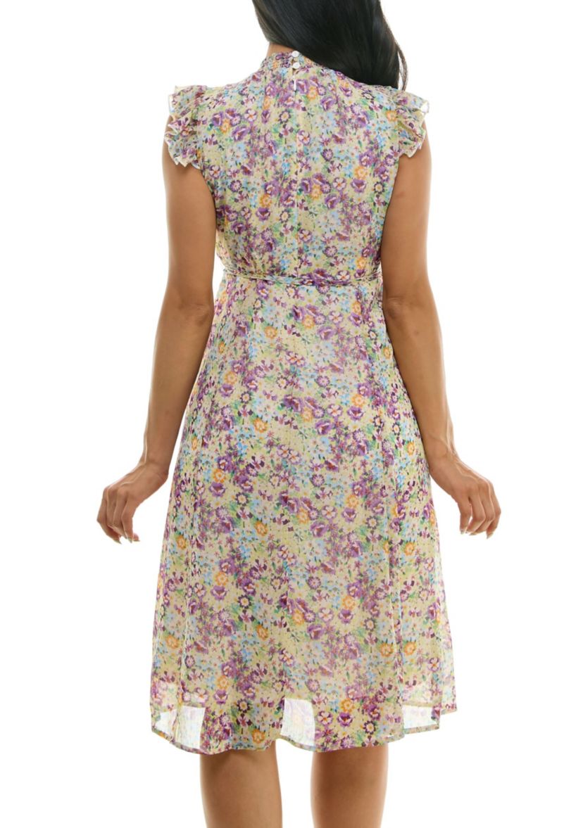 Smocked Neck Flutter Sleeve Print Dress