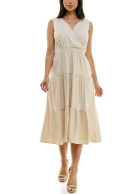 Nina Leonard Women's Tiered Midi Smock Dress, Sand, Large